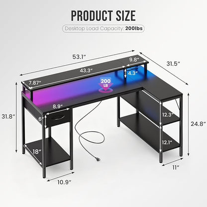 DUMOS 53” Gaming Desk with USB Charging Ports & LED Lights, Reversible L Shaped Desks Computer Corner Gamer Table with Stand Storage Shelves for Home Office Small Space, Modern Black