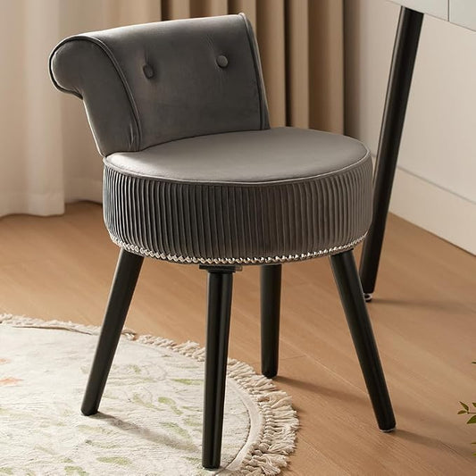 2BYFVanity Chair with Back, Velvet Stool with Low Backrest & Silvery Nailhead Trim, Round Vanity Seat for Bedroom and Bathroom Makeup, Support 220lbs, Easy Assembly (Gray)