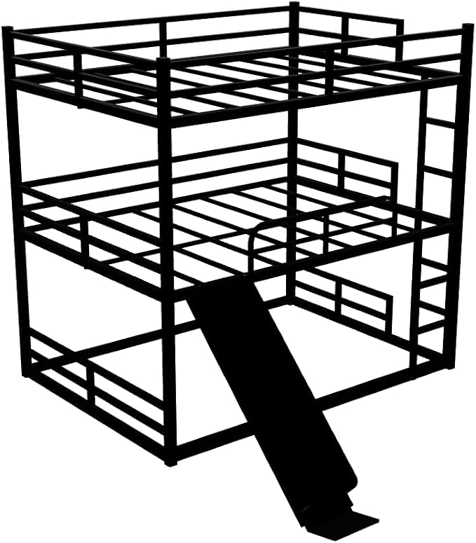 Triple Bunk Bed with Slide, Full Over Full Over Full Metal Bunk Bed with Guardrail and Ladder, Heavy Duty Triple Bed Frame for 3 Teenagers/Adults, No Box Spring Needed,Easy Assembly