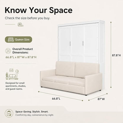 Queen Murphy Bed with Couch, Space Saving Wall Bed Cabinet Bed with Sofa and Storage, Folding Wall Bed with Dual Piston Metal Mechanism, Hide Away Bed for Studio, Small Apartment, Guest Room(White 4)