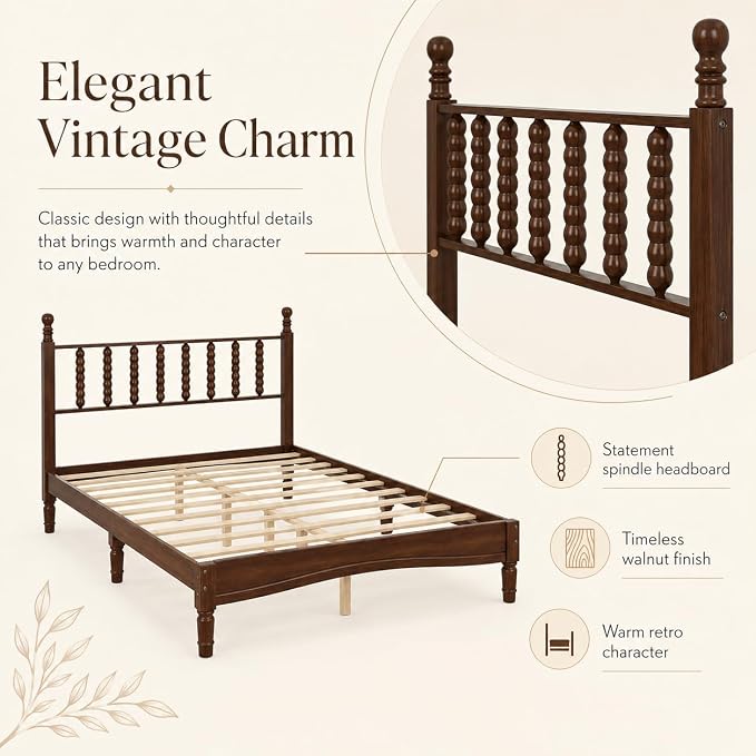 Walnut 3 Pieces Full Bedroom Set, Vintage Platform Bed Frame Full Size with 2 Nightstand, Wood Traditional Bedframe with Spindle Headboard, No Box Spring Required (Walnut, Full)