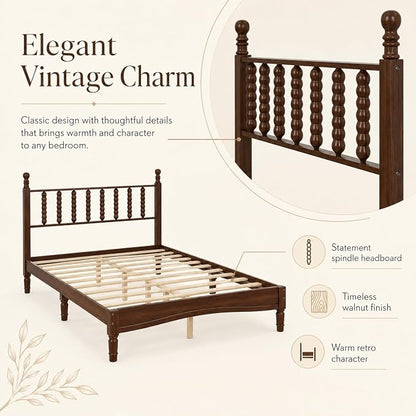 Walnut 3 Pieces Full Bedroom Set, Vintage Platform Bed Frame Full Size with 2 Nightstand, Wood Traditional Bedframe with Spindle Headboard, No Box Spring Required (Walnut, Full)