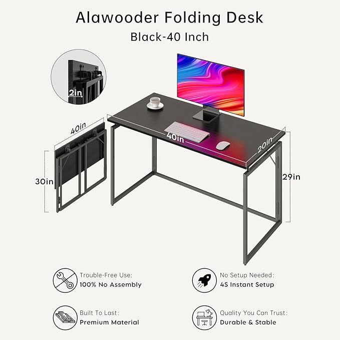 alawooder 39.4" Folding Desk: No Assembly, Wood Top for Small Spaces | 39.4 in dual-monitor workspace, holds 150 lbs, folds flat to 2.3 in, splash-proof top, home office or gaming