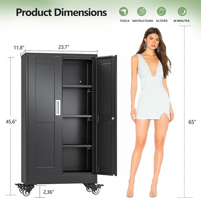 Metal Garage Storage Cabinet, 61”Tall Rolling Utility Cabinet Black | storage system with Wheels, Lock, 3 Adjustable Shelves, Heavy Duty Steel Tool Locker for Home Office, Utility Room, Gym