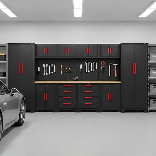 Garage Storage Cabinet System, 12Pcs Garage Cabinets and Storage System Corner Workshop Set with Corner Cabinet, Cabinet Drawers, Workbench, Pegboard for Tool Organization, Black Red