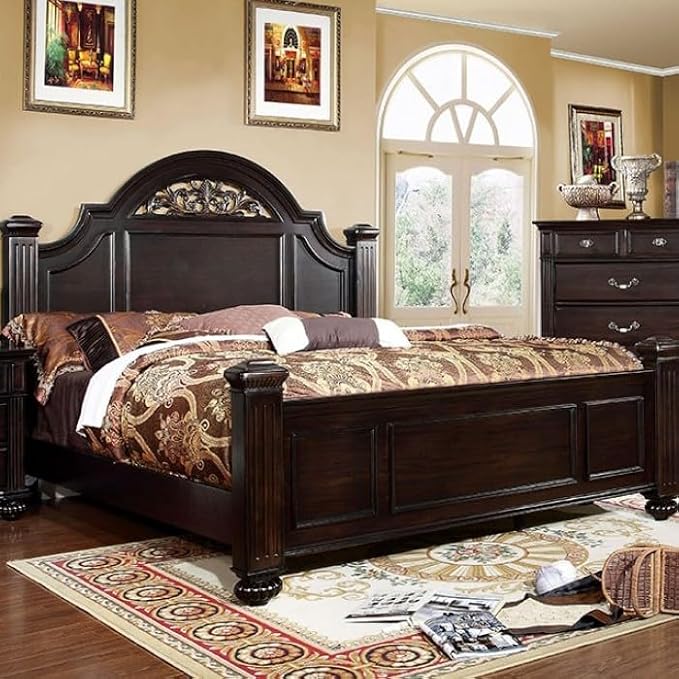First of a kind Queen Size Traditional Bedroom Furniture 5 pc Set in Dark Walnut - Solid Wood Finish, Floral Headboard Design, Antique Brass Hardware - Bed, Nightstand, Dresser, Mirror & Storage Chest