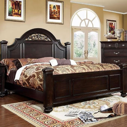 First of a Kind Queen Size Traditional Bedroom Furniture 5 pc Set in Dark Walnut - Solid Wood Finish with Floral Panel Design, Antique Brass Hardware - Bed, Dresser, Mirror & Dual Nightstands