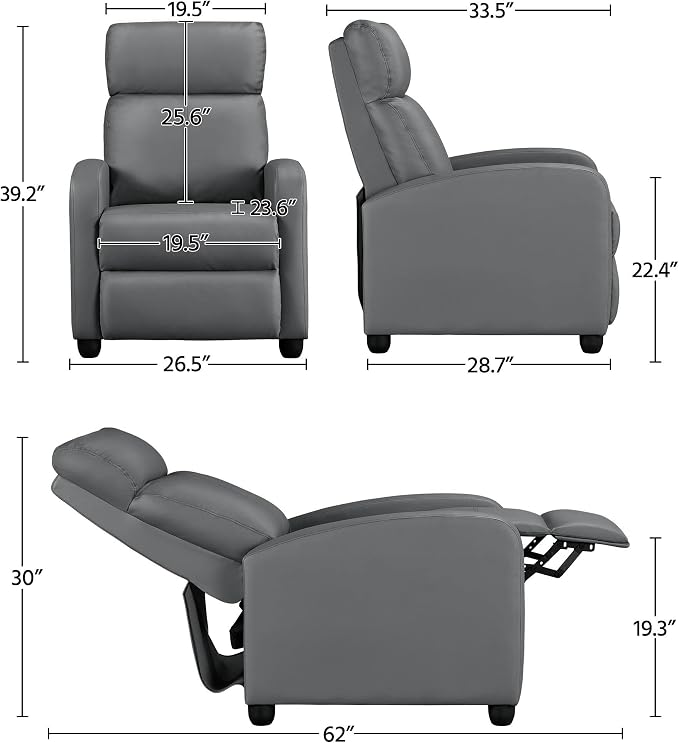 Topeakmart Single Recliner Chair PU Leather Recliner Sofa Padded Seat Club Chair for Living Room Home Theater Seating Silver Gray