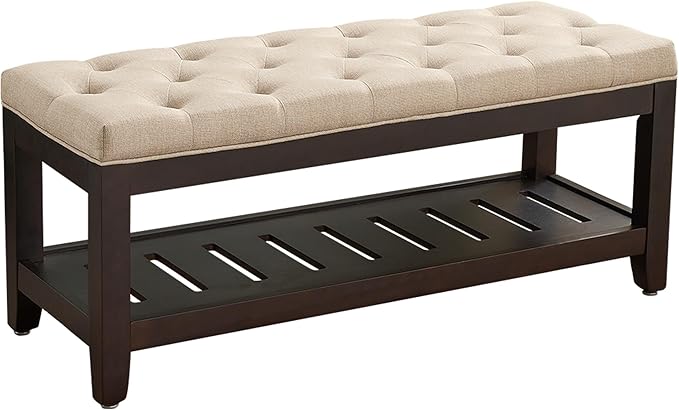 adochr Linen Large Rectangular Ottoman with Storage, Upholstered Entryway Bench for Living Room, Oversized Button Tufted Ottoman with Wood Shelf Storage, Light Brown