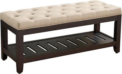 adochr Linen Large Rectangular Ottoman with Storage, Upholstered Entryway Bench for Living Room, Oversized Button Tufted Ottoman with Wood Shelf Storage, Light Brown