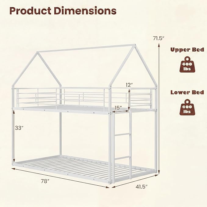 Giantex Twin Over Twin Metal Bunk Bed, House-Shaped Bunk Bed Frame with Safety Guardrail & Roof, Heavy-Duty Kids Floor Bed with Metal Slats for Boys Girls, No Box Spring Needed (White)