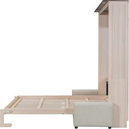 MERITLINE Queen Murphy Bed with Couch and LED Lighting,Solid Wood Folding Murphy Wall Bed Cabinet with Sofa