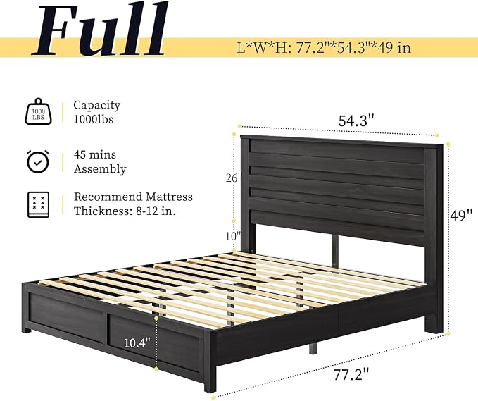 LUXOAK 2 Pcs Bedroom Furniture Sets - Includes 1 X Farmhouse 6 Drawers Dresser, 1X Farmhouse Full Size Bed Frame with 49" Tall Headboard, Wooden Platform Bed with Hidden Metal Bed Frame, Black