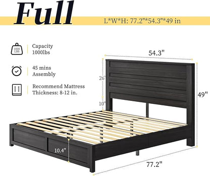 LUXOAK 2 Pcs Bedroom Furniture Sets - Includes 1 X Farmhouse 6 Drawers Dresser, 1X Farmhouse Full Size Bed Frame with 49" Tall Headboard, Wooden Platform Bed with Hidden Metal Bed Frame, Black