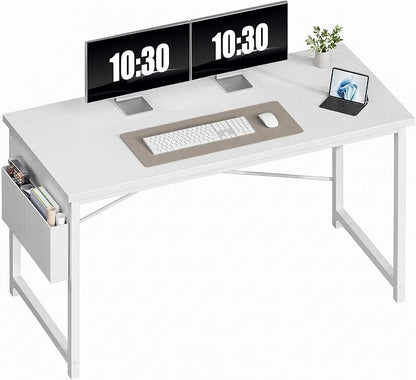 OLIXIS Computer Desk, 55 Inch Home Office Desks for Small Spaces, Writing Craft Study Gaming Table for Bedroom, Modern Computer Workstation with Storage Bag, All White