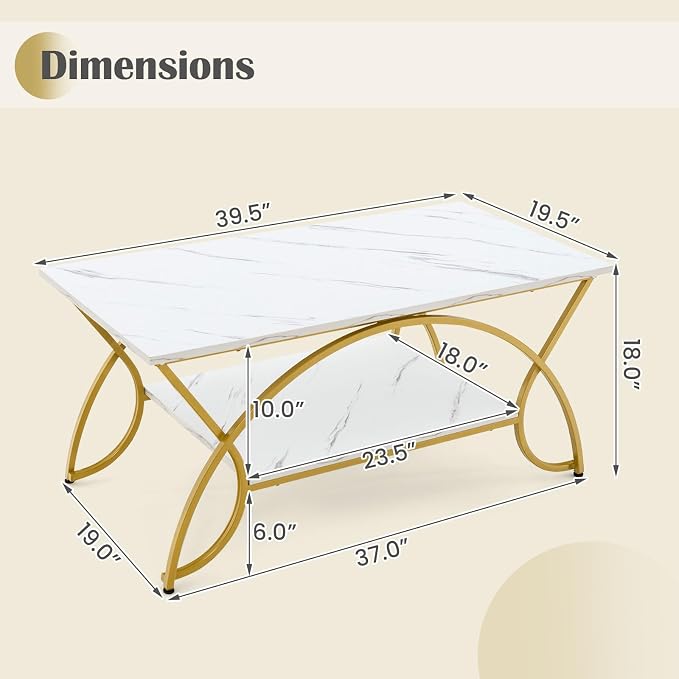 Giantex 2-Tier Rectangular Coffee Table, Faux Marble Table with Open Storage Shelf, Gold Finished Metal Frame, Modern Center Table for Living Room, Reception Room (White+Gold)