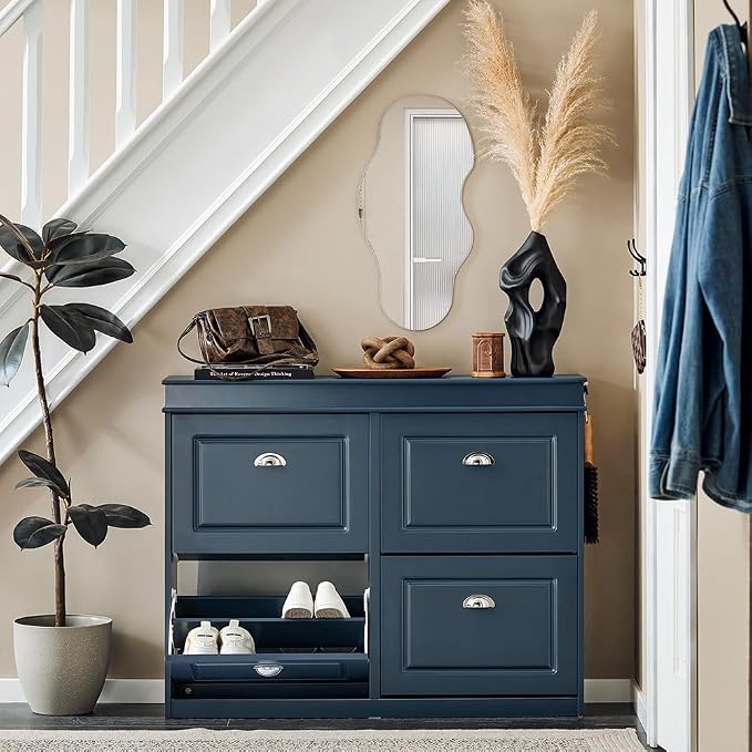 Haotian Shoe Cabinet with 4 Flip Drawers, Large Freestanding Shoe Rack, Modern Shoe Organizer for Entryway, Hallway, Entance Navy FSR79-B