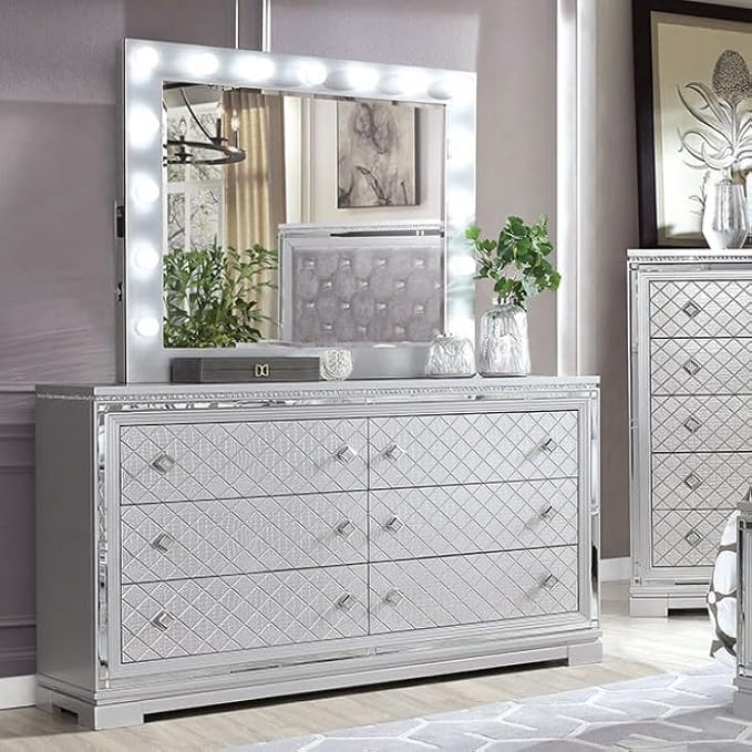 First of a kind Queen Size Glam Bedroom Furniture 4 Piece Set in Silver - Button Tufted Headboard, Mirror Panels Crystal Acrylic, Bed, Dresser, Mirror, Nightstand, USB Charging Hidden Jewellery Drawer