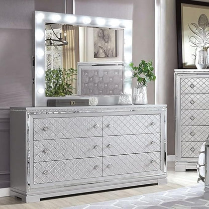 First of a kind Queen Size Glam Bedroom Furniture 4 Piece Set in Silver - Button Tufted Headboard, Mirror Panels Crystal Acrylic, Bed, Dresser, Mirror, Nightstand, USB Charging Hidden Jewellery Drawer
