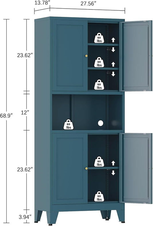 Metal Pantry Cabinet, Tall Kitchen Cabinet with 4 Doors & Adjustable Shelves,69" Blue Freestanding Storage Cabinets with Microwave Stand Cupboard for Living Room,Dining Room,Home