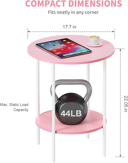 Side Table,Round End Table with 2 Storage Shelves| Compact Side Tables for Living Room, Couch, Gym, Office & Bedroom | Narrow Accent Table as Space-Saving Small Bedside Table 18x18x22in(Pink)