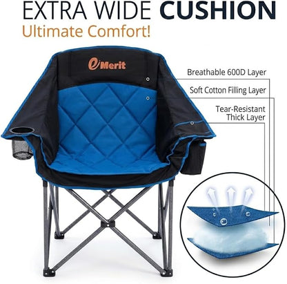EMERIT Oversized Padded Camping Chairs, Heavy Duty 450 LBS Capacity Outdoor Folding Quad Chair with Cup Holder, Portable for Camping, Tailgating, Sports, Backyard & Patio, Black