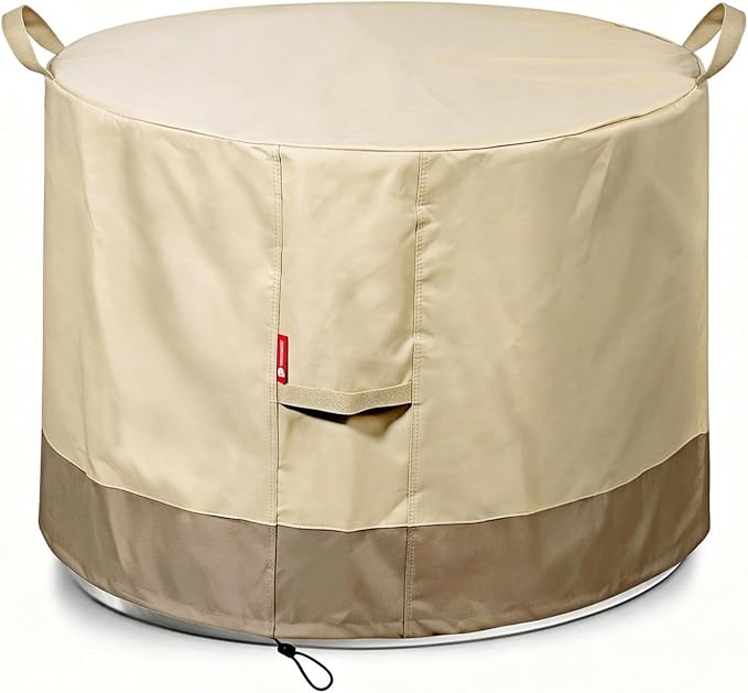 SheeChung Fire Pit Cover Round 28" D x 18" H,Waterproof 600D Material,Beige | Fits Solo Stove Yukon,PVC Inner Coating,Heavy Duty Outdoor Fire Pit Cover,Tear&Fade Resistant,Fits 24"-28" Smokeless Firepit
