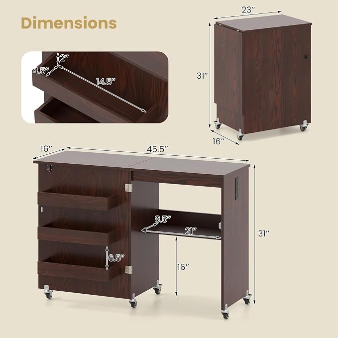 Giantex Folding Sewing Table with Storage, 3 Side Trays & Open Shelf, Built-in Charging Station, Mobile Craft Desk with Lockable Wheels, Space-Saving Sewing Machine Table for Home, Dorms, Espresso