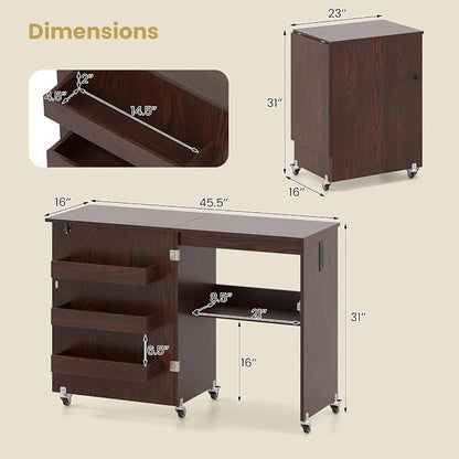 Giantex Folding Sewing Table with Storage, 3 Side Trays & Open Shelf, Built-in Charging Station, Mobile Craft Desk with Lockable Wheels, Space-Saving Sewing Machine Table for Home, Dorms, Espresso