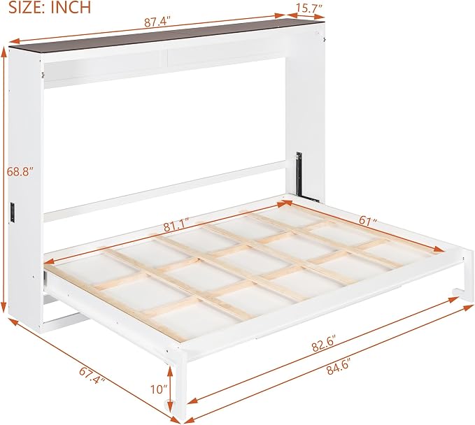 Virubi Queen Horizontal Murphy Bed with USB Charging Station,Wood Farmhouse Murphy Wall Bed Cabinet with Slats,Foldable Space-Saving for Guest Room, Home Office (White,Queen)
