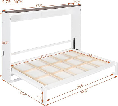 Virubi Queen Horizontal Murphy Bed with USB Charging Station,Wood Farmhouse Murphy Wall Bed Cabinet with Slats,Foldable Space-Saving for Guest Room, Home Office (White,Queen)