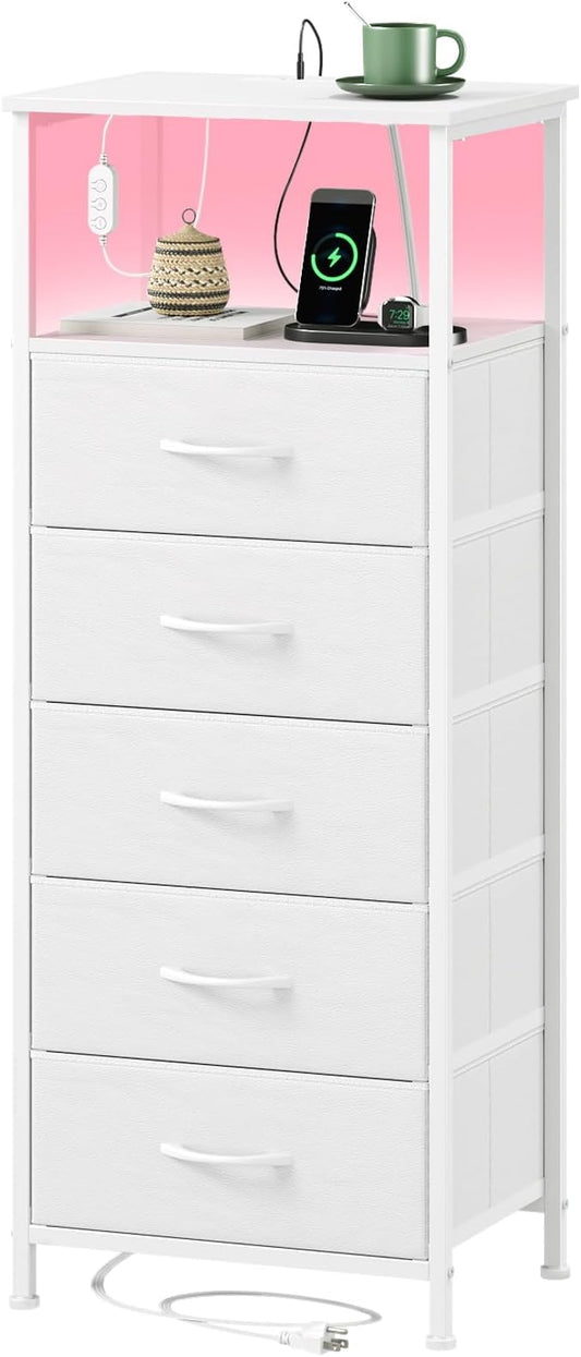 Somdot White Nightstand with Charging Station and LED Light for Bedroom, Tall 5 Drawers Dresser with Fabric Bins for Bedside Kids Dorm Room Closet Laundry Entryway, White Leather