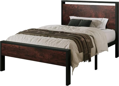 Allewie Twin Size Platform Bed Frame with Wooden Headboard and Footboard, Heavy Duty Metal Slats Support, No Box Spring Needed, Under-Bed Storage, Noise Free, Easy Assembly, Mahogany