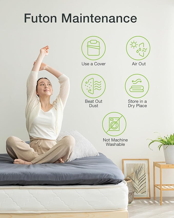 FULI Japanese Futon, Full Size, White - Foldable Shikibuton Floor Bed - Medium Firm Quilted Cotton Sleeping Pad, Portable Roll-Up Japanese Floor Bed for Guests & Small Spaces