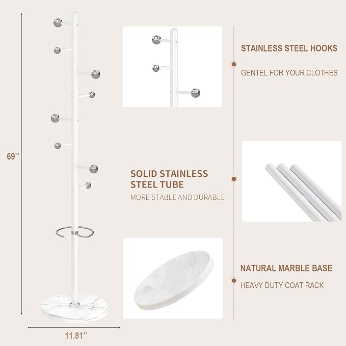 Modern Metal Coat Rack Stand, Coat Rack Freestanding with Natural Marble Base,Sturdy Heavy Duty Coat Racks with 8 Hooks, White Coat Hall Tree Stand for Entryway, Office