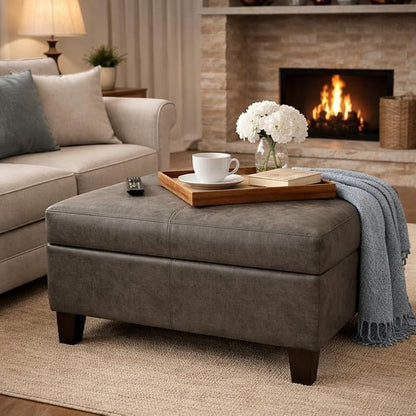 Homepop Home Decor |K2380-E903| Luxury Large Faux Leather Square Storage Ottoman | Ottoman with Storage for Living Room & Bedroom, Gray