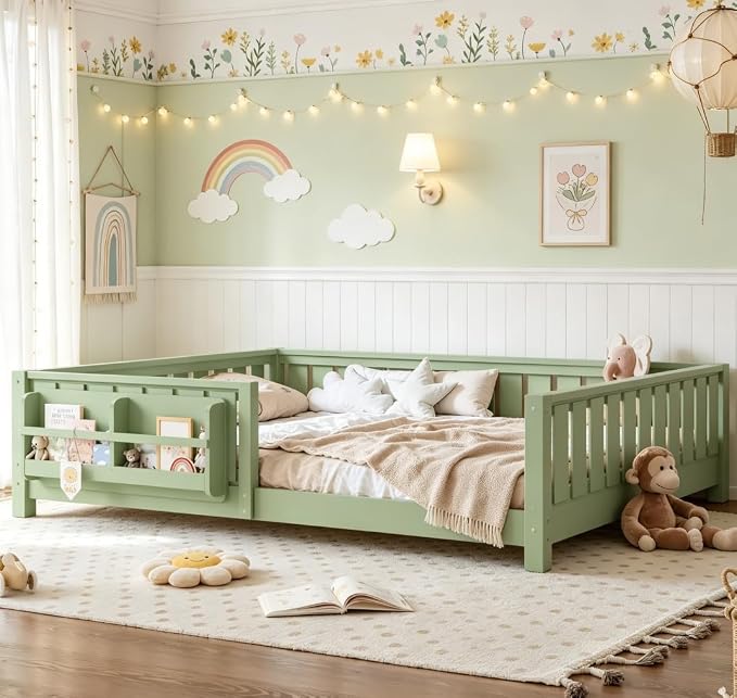 Bellemave Queen Size Floor Bed with high Rails and with Built-in Bookshelf for Kids, Girls, Boys, Wood Montessori Floor Bed Without Door, Avocado Green
