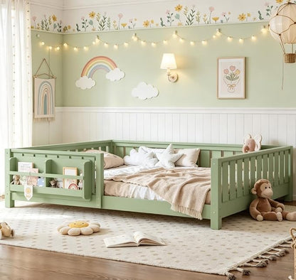 Bellemave Queen Size Floor Bed with high Rails and with Built-in Bookshelf for Kids, Girls, Boys, Wood Montessori Floor Bed Without Door, Avocado Green