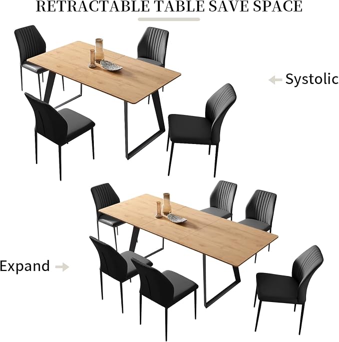 ZckyCine 51-67 Inch Modern Expandable Dining Table Set with 6 Black Leather Chairs | Oak Finish Extendable Wooden Table for Space-Saving Multifunctional Design, Easy Assembly