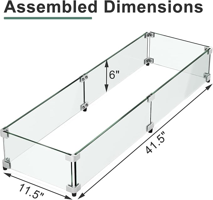 GASPRO 41.5 x 11.5 Inch Glass Wind Guard for Rectangular Fire Pit Table, Thick and Sturdy Tempered Glass Panel with Hard Aluminum Corner Bracket & Rubber Feet, Easy to Assemble