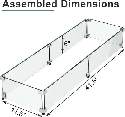 GASPRO 41.5 x 11.5 Inch Glass Wind Guard for Rectangular Fire Pit Table, Thick and Sturdy Tempered Glass Panel with Hard Aluminum Corner Bracket & Rubber Feet, Easy to Assemble