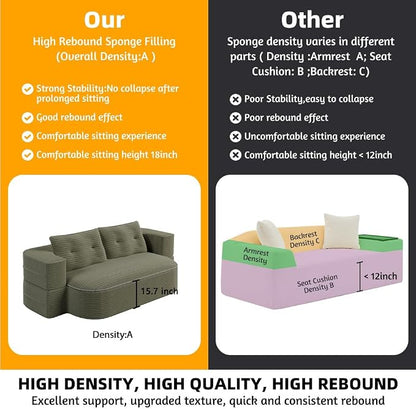 78.7" Futon Sofa Bed, 2-in-1 Foldable Sleeper Sofa, Convertible Floor Couch with Pillows, Corduroy Couch, Multi Functional Blanket, Upholstered Boneless Couches for Living Room, Forest Green