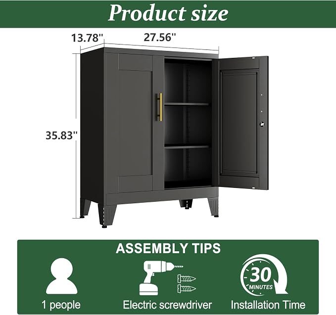 Black Metal Storage Cabinet, 36" Tall Locking Storage Cabinet, 14”D | with 2 Adjustable Shelves, Steel Locker Organizer, Metal Freestanding Buffet Cupboards Sideboard for Office, Home, School,2PS