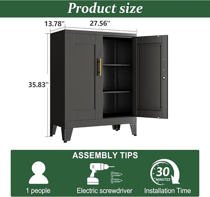 Black Metal Storage Cabinet, 36" Tall Locking Storage Cabinet, 14”D | with 2 Adjustable Shelves, Steel Locker Organizer, Metal Freestanding Buffet Cupboards Sideboard for Office, Home, School,2PS