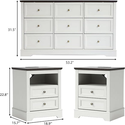 KIGOTY Farmhouse Bedroom Set, 3 Pcs Dresser and Nightstand Sets, 9 Drawer Dresser & 2 Drawer Nightstand Set with Charging Station,Rustic Wood Bedroom Furniture Set for Home