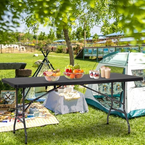 BestOffice | 6FT Folding Table | Black Ratten | Portable Plastic Table