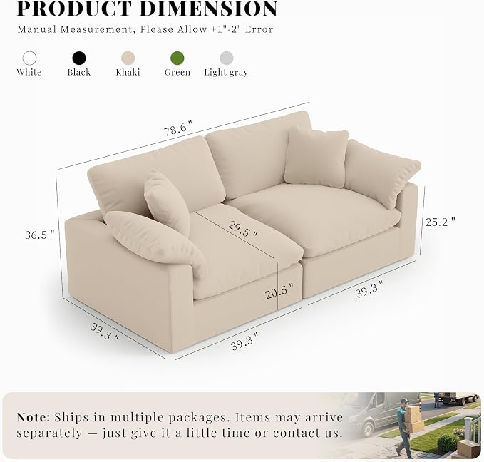 Modular Sectional Sofa Cloud Couch,78.6" Down Filled Comfy Cloud Modern Sofa,2 Seater with Khaki Linen Couch Cushion Covers Removable Furniture for Living Room