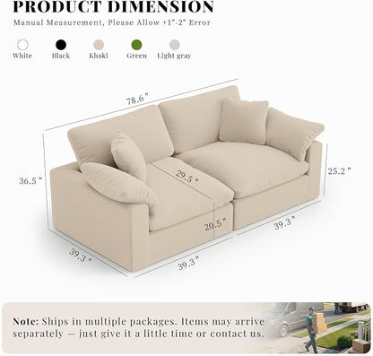 Modular Sectional Sofa Cloud Couch,78.6" Down Filled Comfy Cloud Modern Sofa,2 Seater with Khaki Linen Couch Cushion Covers Removable Furniture for Living Room