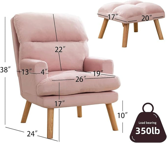 CANMOV Modern Accent Chair with Ottoman Set of 2, Soft Fabric Armchair with Adjustable Backrest and Side Pockets, Comfy Lounge Chair for Living Room, Bedroom, Apartment, Office, Pink