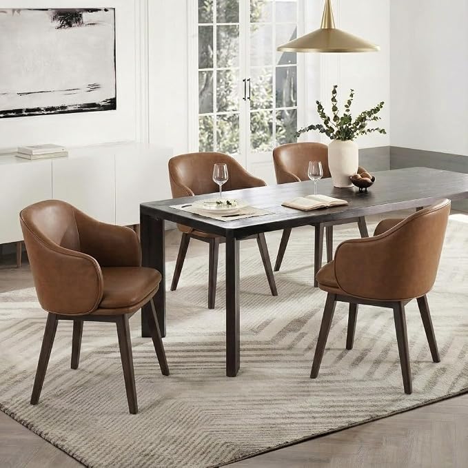 KISLOT Wooden Dining Chairs Set of 4, Faux Leather Barrel Upholstered Modern Dining Room Chairs with Soild Wood Leg & Double-Layer Thick Cushion for Restaurant, Kitchen, Brown